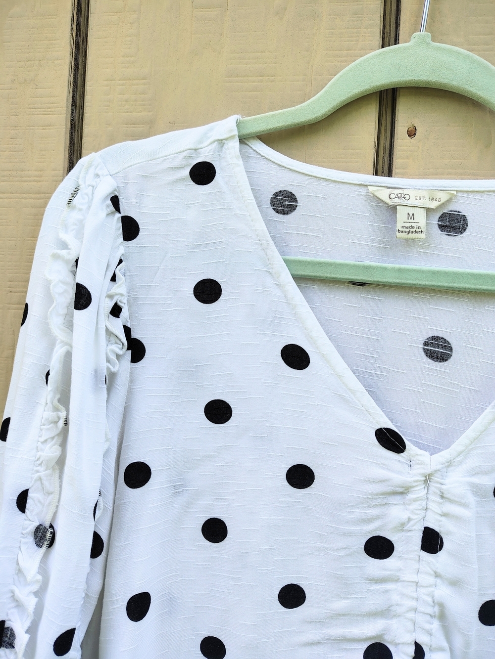 Cato White/Black V-Neck Top Polka Dot Ruched Tie Front Popover Ruffles Sleeves - Picture 3 of 8